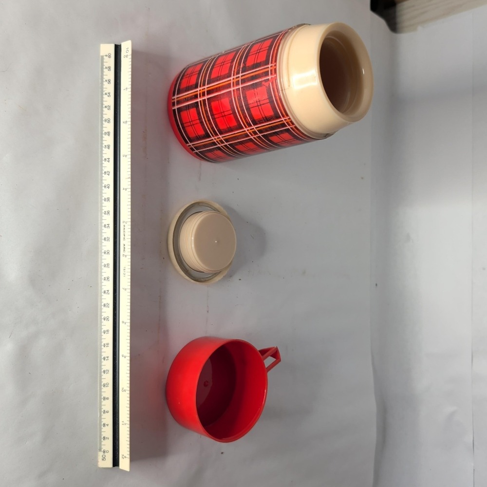 Vintage Aladdin Plaid Vacuum Flask Red Plastic Insulated Hot Cold Thermos